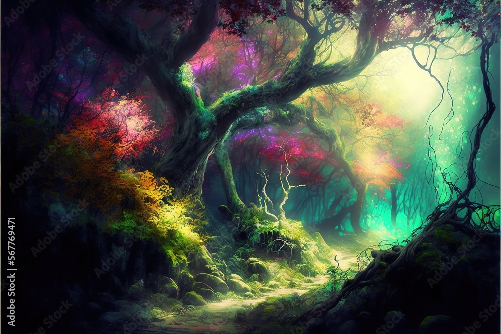 Poster a painting of a forest with a path leading to a large tree with colorful leaves and a bright light c