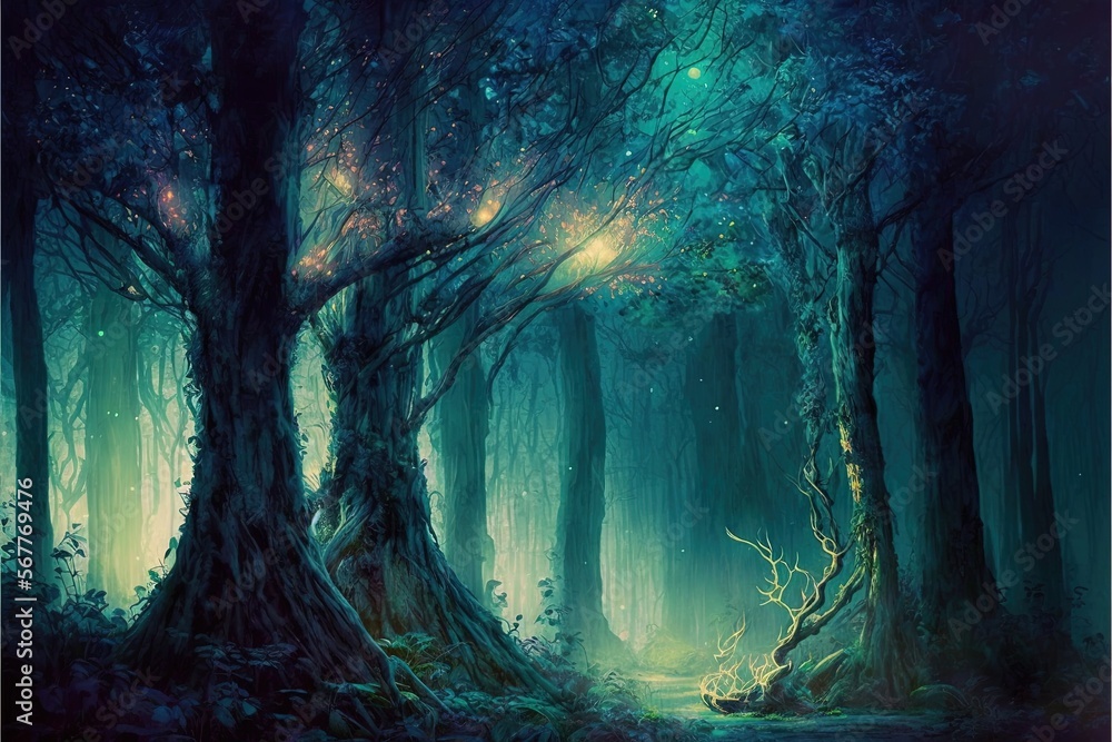 Aufkleber a painting of a forest with a path leading to a light at the end of the forest, with a bright light 