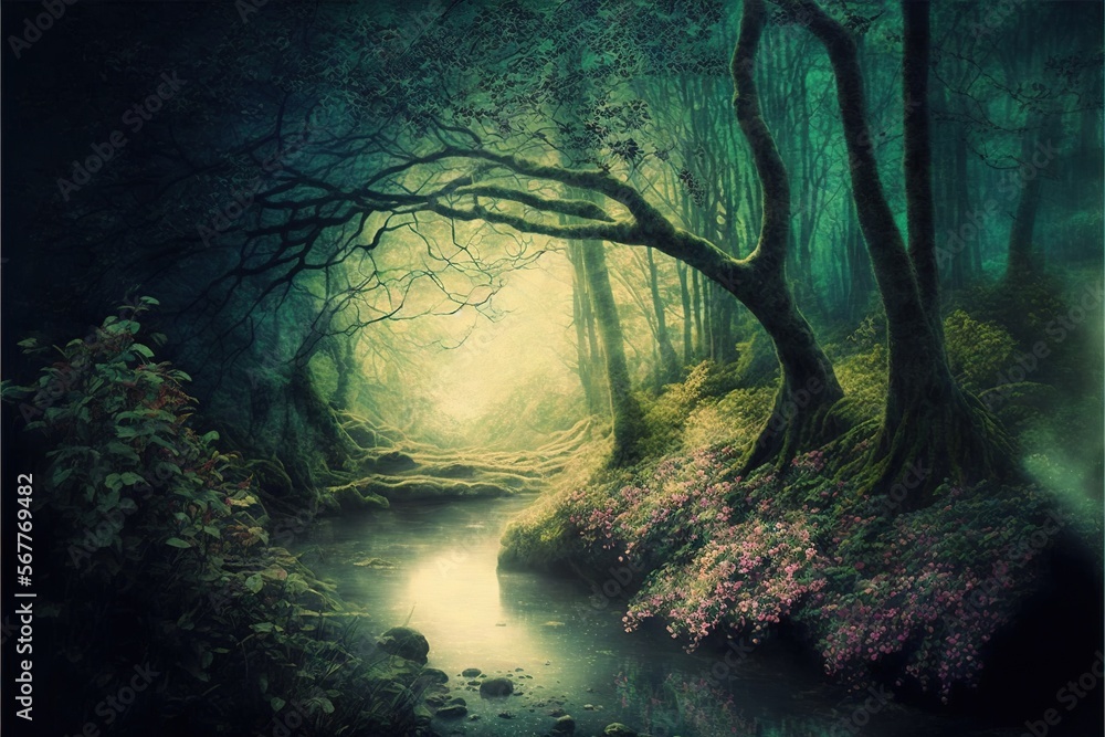 Poster a painting of a forest with a stream running through the middle of the forest, with trees and flower