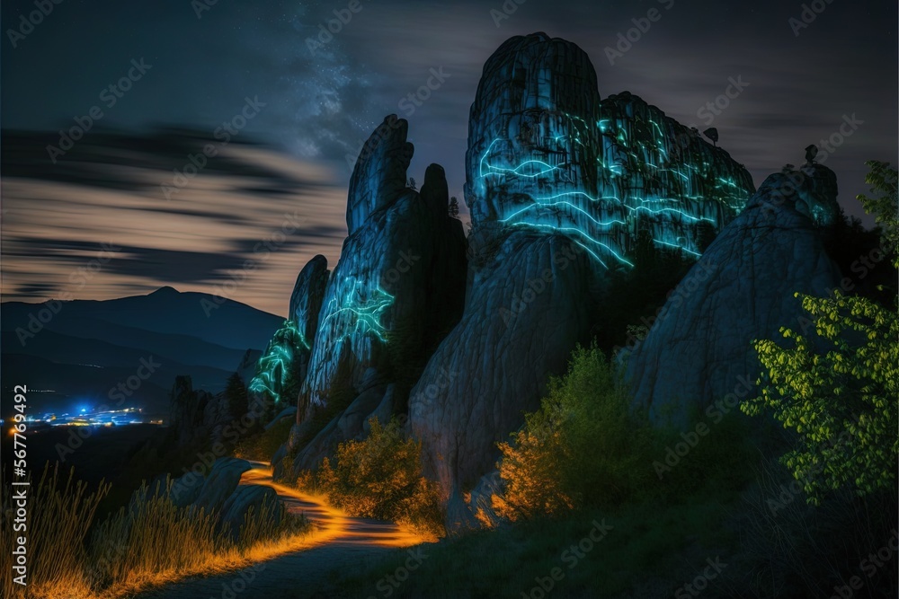 Poster a night scene of a mountain with a trail going through it and a light trail going through the middle
