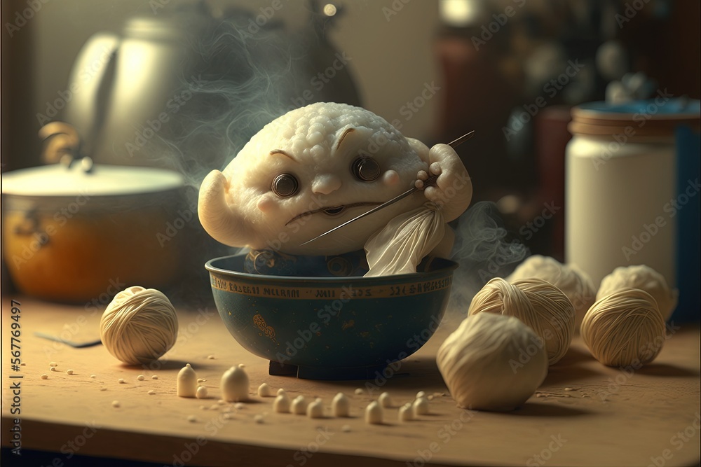 Aufkleber a bowl of food that looks like a creature sitting in a bowl with some garlic on the table next to it