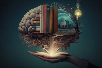 human knowledge in the palm of your hand illustration, education college science - obrazy, fototapety, plakaty