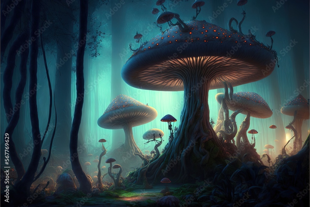 Poster a group of mushrooms in a forest with a path leading to them and a light shining on the mushrooms in