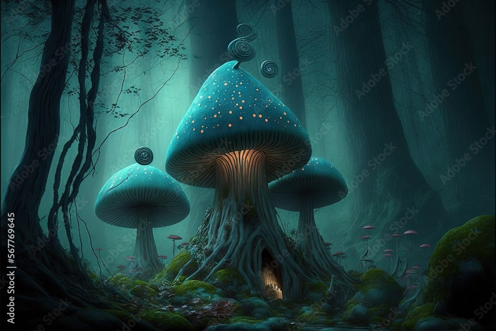 Poster a painting of a forest with a mushroom like structure in the middle of the forest, surrounded by tre