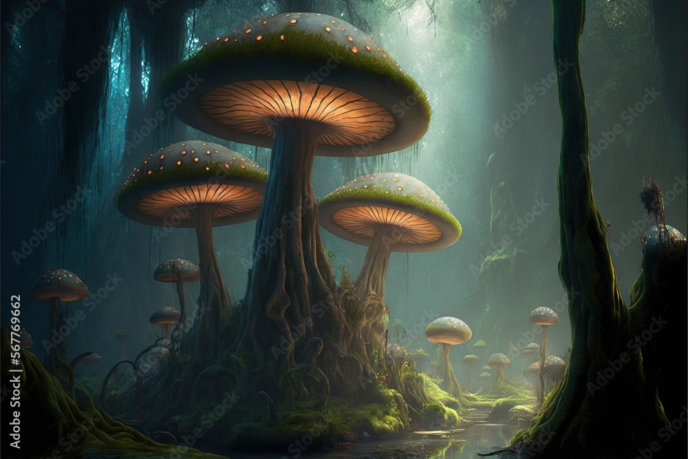Poster a group of mushrooms in a forest with a stream running through it's center of the picture is a paint