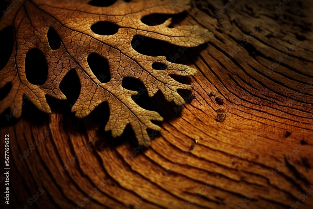 Poster a close up of a leaf on a wooden table with water droplets on the surface of the leaf and the shadow