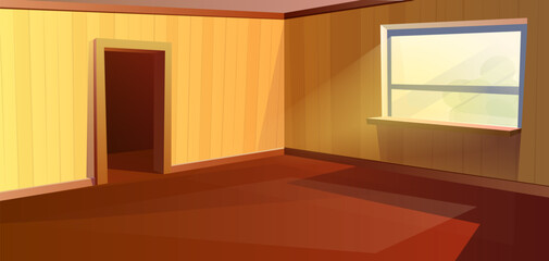 Cartoon style empty room. Living room, kitchen or hotel room with large window and sunlight, and door hallway.