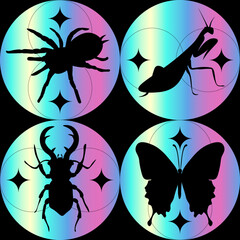 Insects and spider on a rainbow background. Hologram vector illustration.