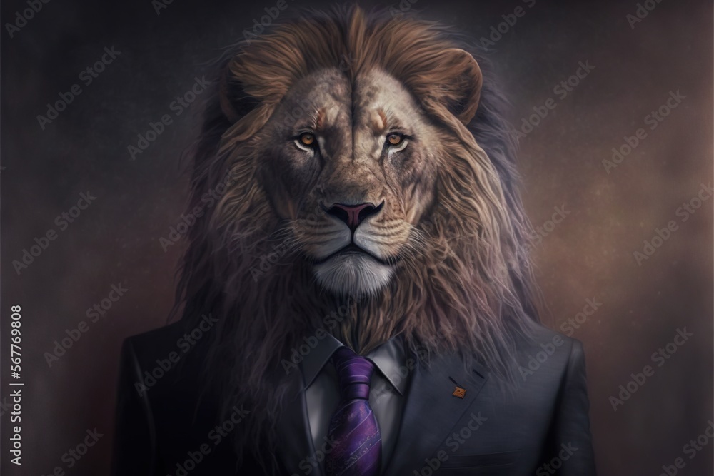 Poster a lion wearing a suit and tie with a dark background and a dark background with a white lion in the 
