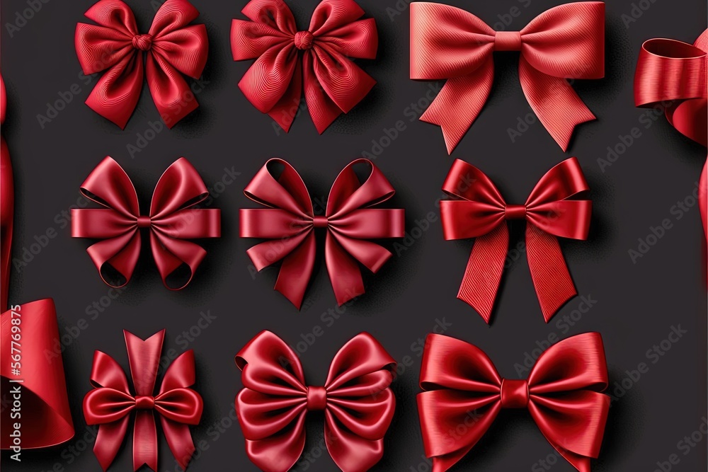 Poster a collection of red bows and ribbons on a black background with a red ribbon in the middle of the bo