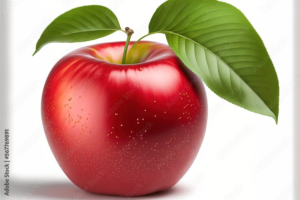 Poster a red apple with a green leaf on it's tip and a white background with a white border around it and a