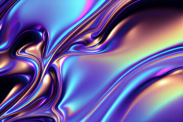 Iridescent liquid metal surface with ripples. 3d illustration. Abstract fluorescent background. Fluid neon leak backdrop. Decoration for futuristic design. Generative Ai.