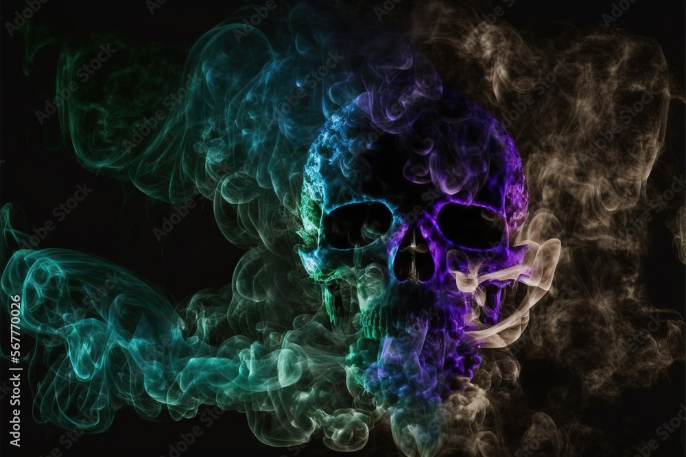 Aufkleber a skull with smoke in the shape of a skull on a black background with a rainbow of smoke in the shap