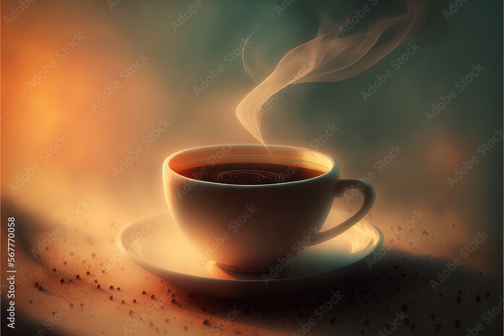 Poster a cup of coffee with steam rising out of the top of it on a saucer on a saucer on a table with a blu