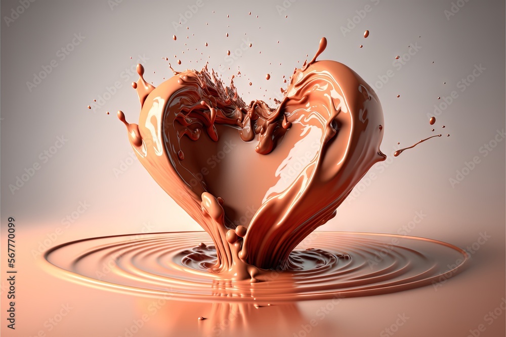 Poster a heart shaped chocolate splashing into a puddle of water on a white background with a light reflect