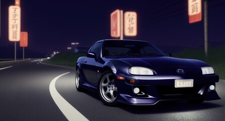 Fototapeta premium Sports Car on the High Way Road in Japan at Night Time Generative AI Photo Generative AI Illustration