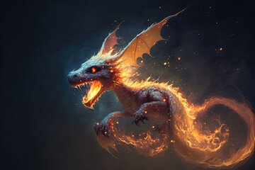 Fire breathes explode from a giant dragon in a black night, the epic battle  evil - concept art (ai generated)