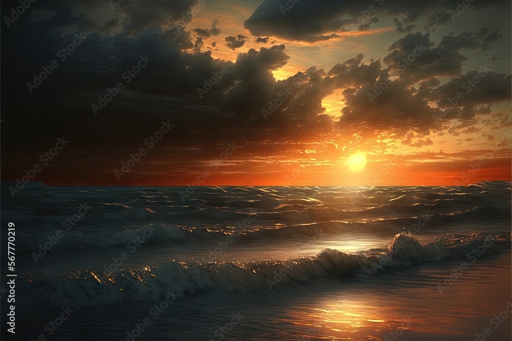 Poster a painting of a sunset over the ocean with a wave coming towards the shore and the sun shining throu