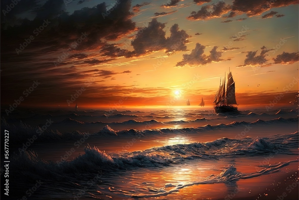 Poster a painting of a sailboat in the ocean with a setting sun in the background and clouds in the sky ove