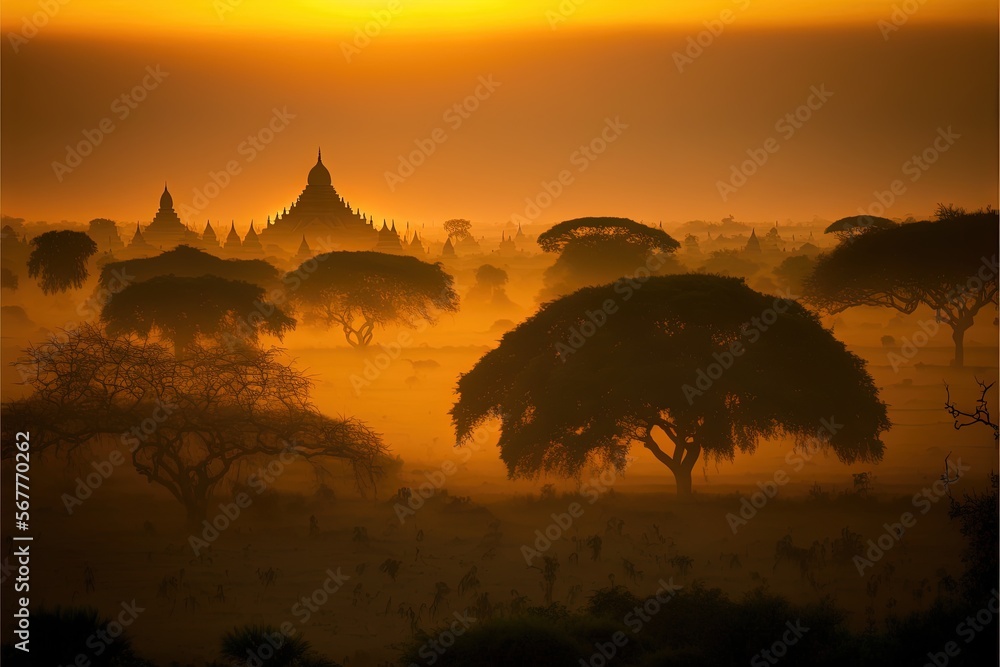 Poster the sun is setting over a large group of trees in a foggy field with a temple in the distance in the