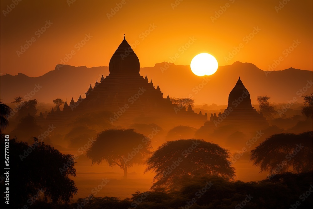 Poster the sun is setting behind a large building in the middle of a forest with trees and mountains in the