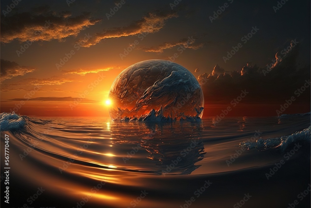 Poster a large iceberg floating in the ocean at sunset with a sun setting in the distance over the water an