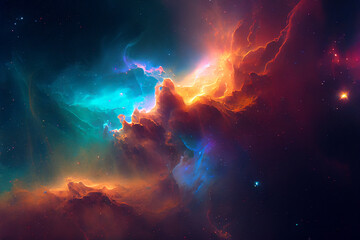 Fototapeta na wymiar Glowing huge nebula with young stars. Space background, 3d illustration. Generating Ai.