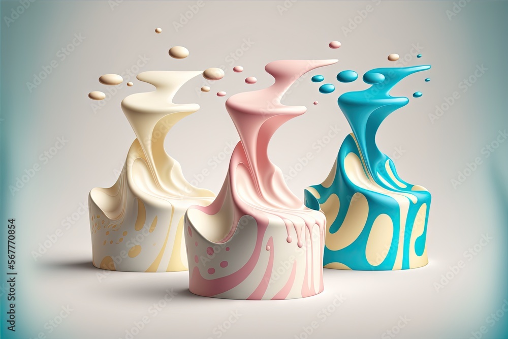 Poster a group of three colorful vases sitting next to each other on a white surface with bubbles coming ou