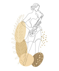Silhouette of a beautiful woman playing the saxophone and leaves of a plant in a continuous modern style. Saxophonist girl. Aesthetic decor sketches, posters, stickers, logo. Vector illustration