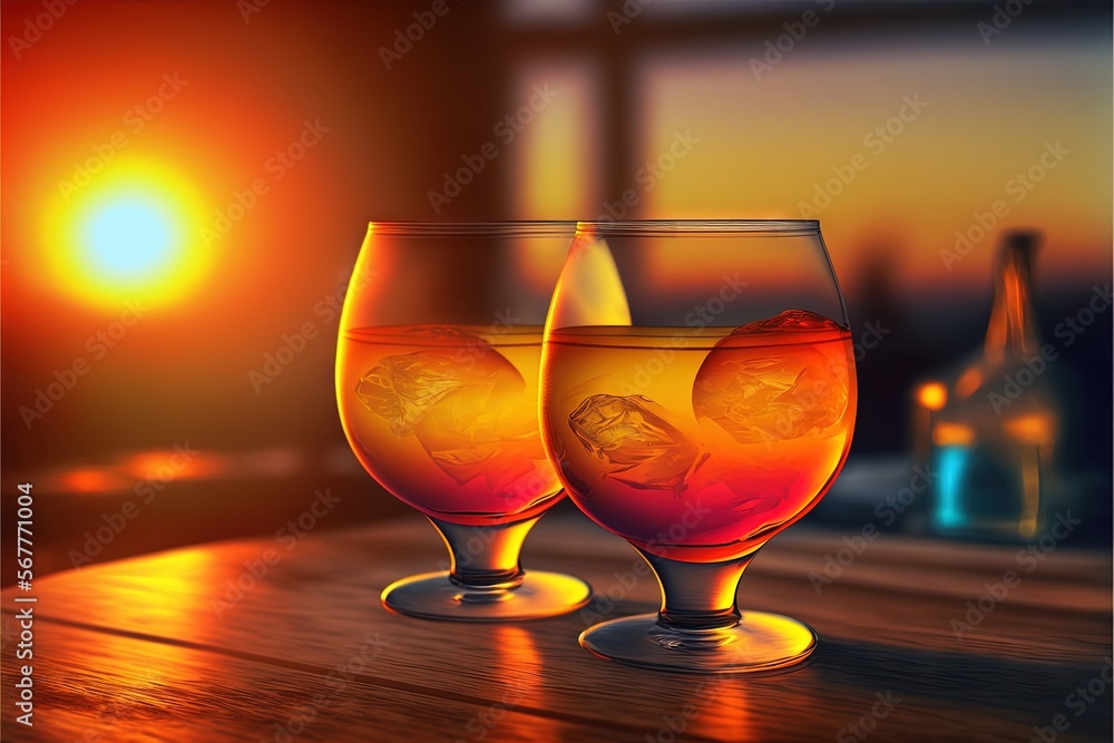 Poster two glasses of wine sitting on a table with a sunset in the background of the picture behind them an