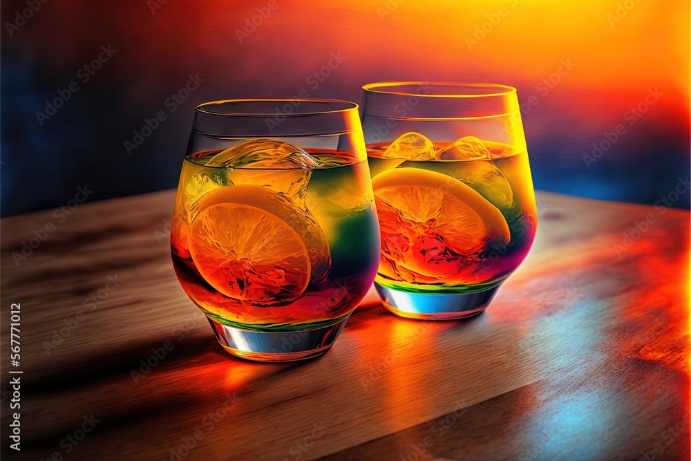 Poster  two glasses filled with different colored liquid on a table with a bright background and a wooden table with a wooden table top with two glasses of liquid on it.  generative ai