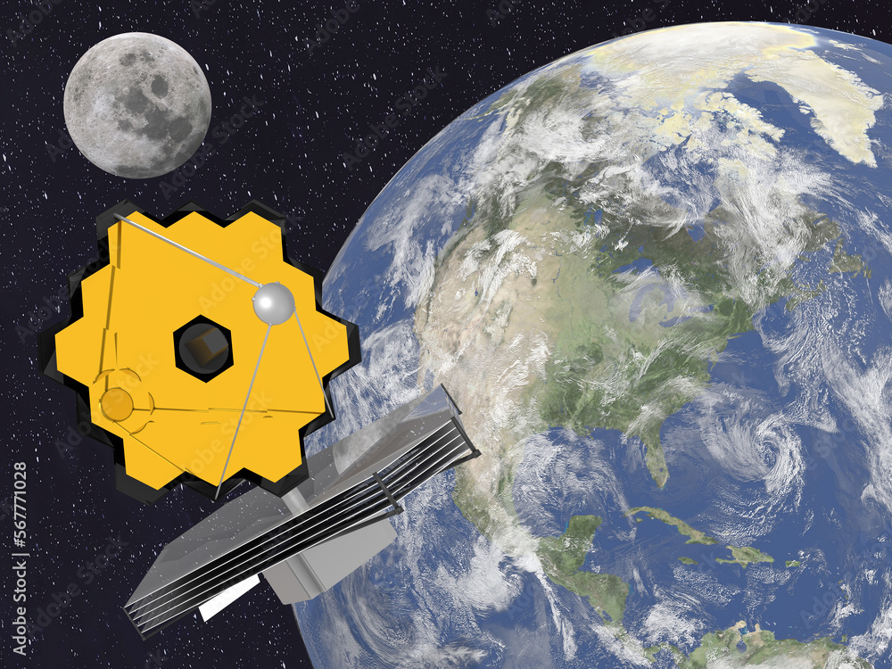 Wall mural jwst space telescope near the earth planet and moon in outer space. 3d rendered illustration. elemen