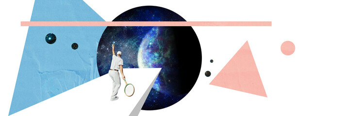 Contemporary art collage. Senior man playing tennis, hitting ball into open space, cosmos....