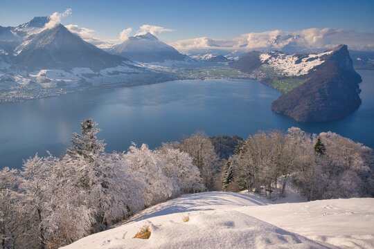 Aerial alpine mountain and lake view in winter, Maris, Schwyz, Switzerland
