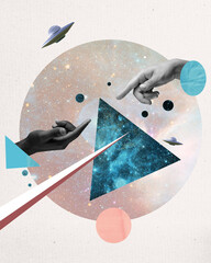 Contemporary art collage. Connection. Human hands reaching each other over geometric elements with...