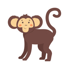 Cute african monkey isolated on white background. Side view of marmoset or macaque with brown hair.  Exotic jungle animal standing on all four limbs. Colored flat vector illustration
