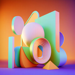 3Dレンダリング風正方形イラスト）カラフルで抽象的な幾何学的シーン。オレンジと緑と紫。ジェネレーティブAI