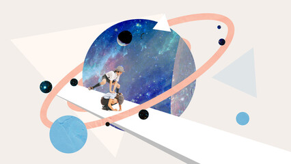 Contemporary art collage. Little boys, brothers, children playing over geometric elements with outer space image. Surrealism. Futuristic design. Abstract art. Concept of inspiration, creativity