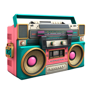 Vintage boombox sound system. 1980s Boom Box Cassette Tape Player. Old school vintage radio tape recorder doodle double cassette speaker. Retro technology. AI-generated Content