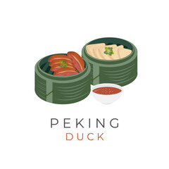 Logo Illustration Vector Of Peking Duck And Chinese Pancakes Served With Bamboo Clakat or Bamboo Steam