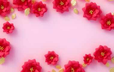 Fototapeta na wymiar Red flowers Background, cute 3d render, pastel color palette, 4k