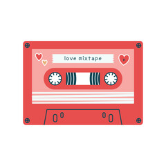 Naklejka premium Creative illustration of stereo cassette with stickers of hearts and text 