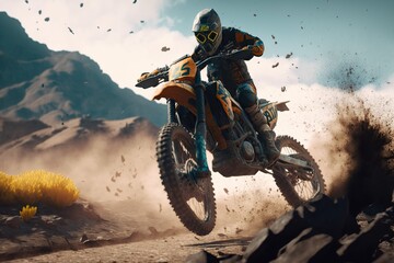Rider driving in the motocross race,Extreme Motocross MX Rider riding on a dirt track,Generative ai
