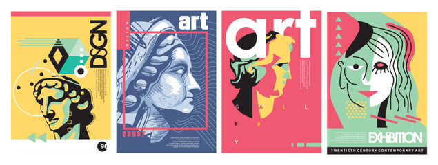 Art exhibition set of creative brochure covers and posters. Roman and Greek antique statues vector illustrations. Gallery and museum advertisement graphics.