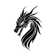 Black dragon illustration. Cut out isolated vector image, dragon head silhouette. Sketch for tattoo. Symbol of New Year 2024. Chinese dragon, fairy and fantastic serpent, fantazy monster, for cricut