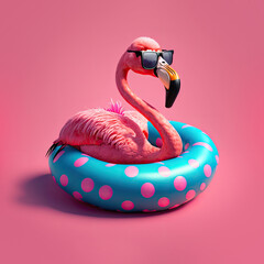 Fototapeta premium Pink flamingo with sunglasses floats in an inflatable circle illustration. Summer minimal concept. Generative ai