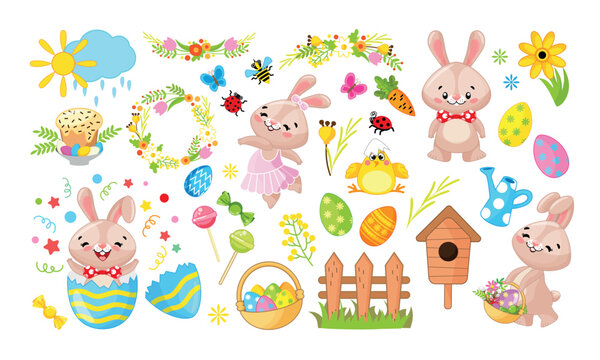 Easter big holiday set with eggs and rabbit in cartoon style. Element for design