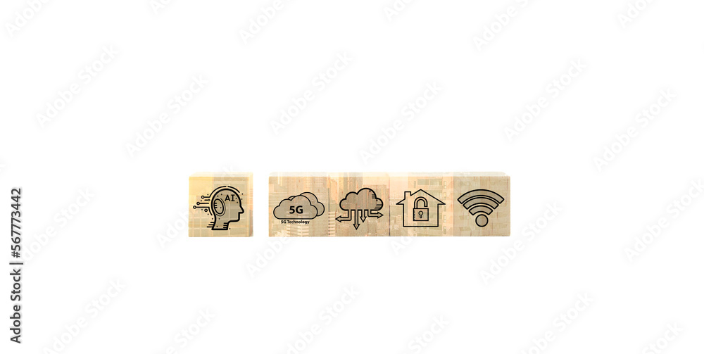 Poster background concept wood block with ai artificial intelligence technology, machine learning, brain di