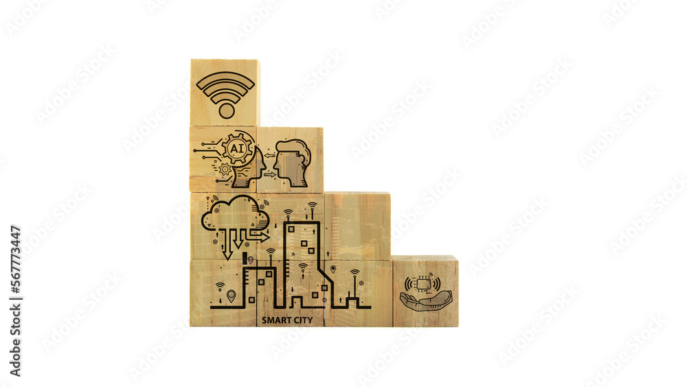 Poster background concept wood block with ai artificial intelligence technology, machine learning, brain di