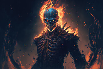 Naklejka na ściany i meble illustration painting of horror character of demon skeleton with fire flames in hellfire, digital art style. (ai generated).